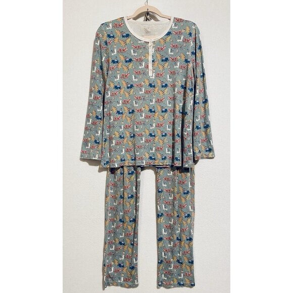 Roller Rabbit X Masionette Pajamas Womens Large Teal Prancing Deer Pima Cotton - Picture 1 of 8